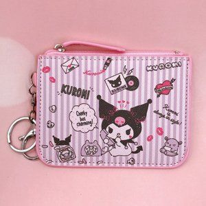 KUROMI Key Chain Wallet Striped Pink 2 Key Rings Clasp Zipper Pocket